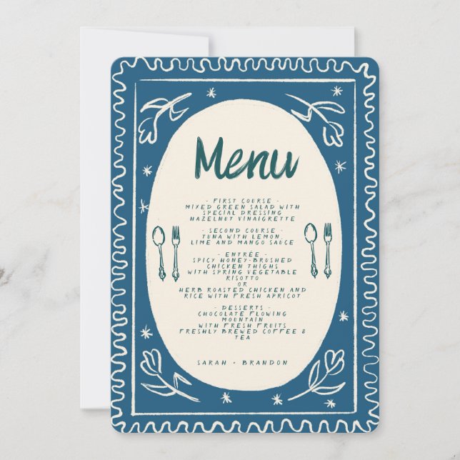 Blue Floral Handwriting Modern Wedding Menu Invi Einladung (Vorderseite)