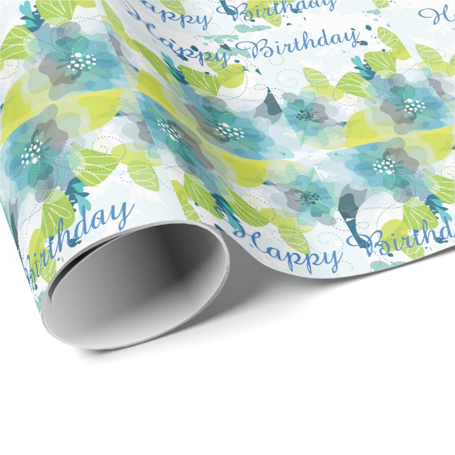Blue Floral Happy Birthday Geschenk Wrap Geschenkpapier (Rolleneckpunkt)