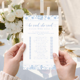 Blue Floral He said She said Bridal Shower Game