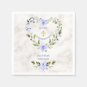 Blue Floral Heart Gold Marble Boy Bestätigung Serviette