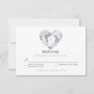 Blue Floral Heart Wreath Wedding RSVP Card Einladung