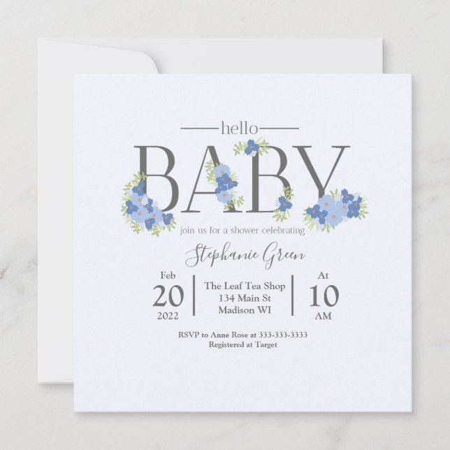 Blue Floral Hello Baby - Einladung zur Dusche (Vorderseite)