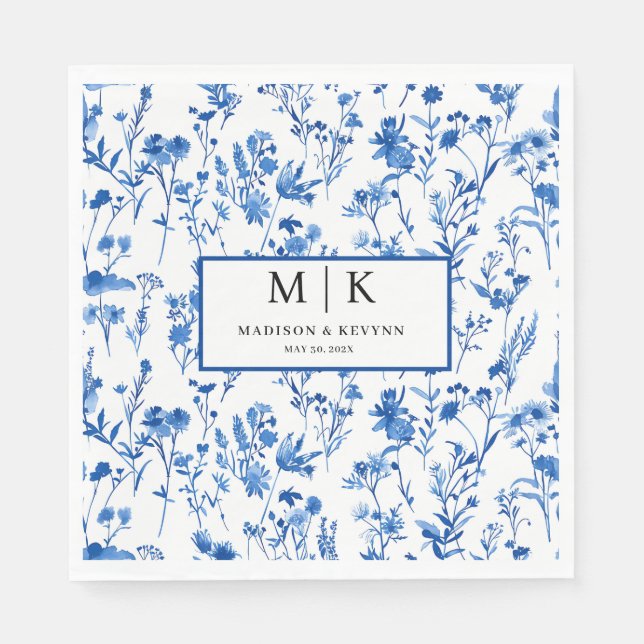 Blue FloraL Hochzeitcocktail Serviette (Vorderseite)