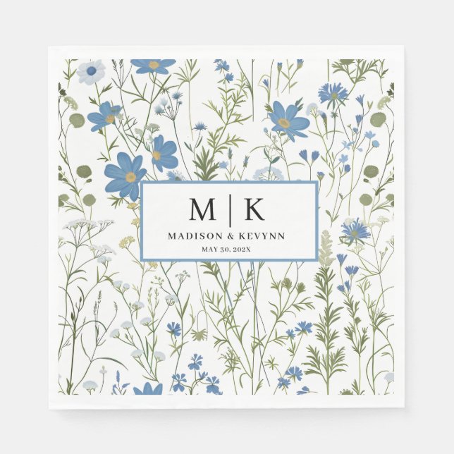 Blue FloraL Hochzeitscocktail Napkins Serviette (Vorderseite)