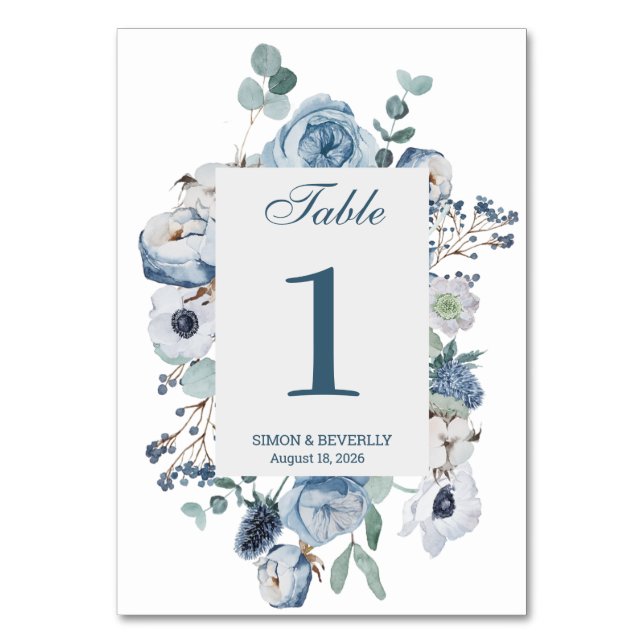 Blue Floral Hochzeitsempfang Tischnummer signieren (Vorderseite)