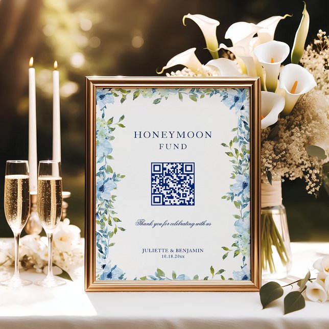 Blue Floral Honeymoon Geschenk QR Code Hochzeitsze Poster (Dusty blue, floral Honeymoon Fund wedding sign to ask for cash gifts with tact)