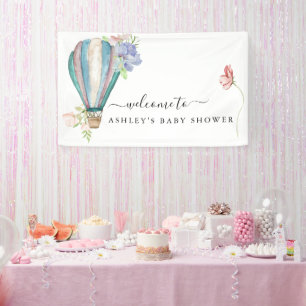 Blue Floral Hot Air Ballon Babydusche Banner