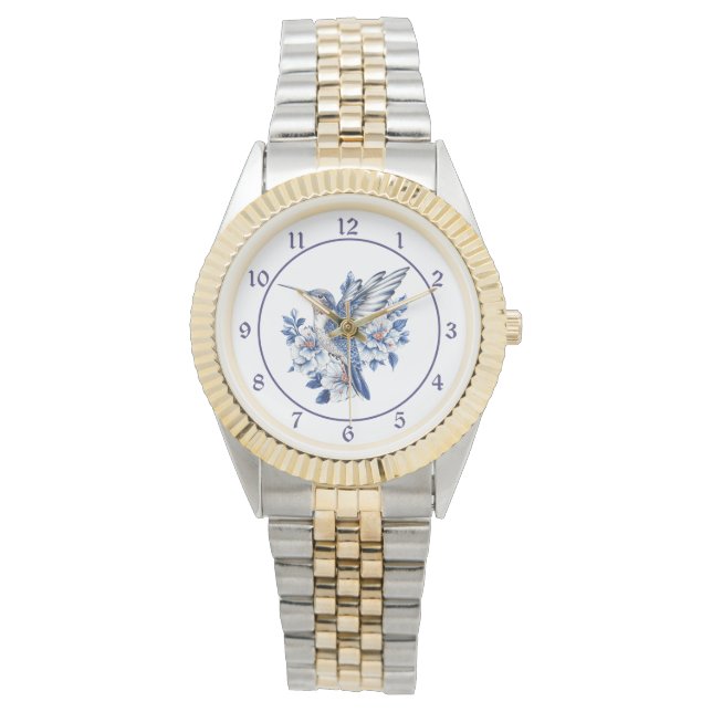 Blue Floral Hummingbird Armbanduhr (Vorderseite)