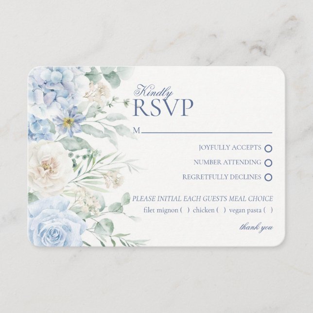 Blue Floral Hydrangea Botanical Wedding RSVP Begleitkarte (Vorderseite)