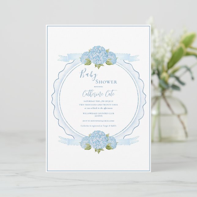 Blue Floral Hydrangea Elegant Baby Shower  Einladung (Stehend Vorderseite)
