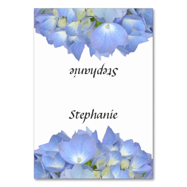 Blue Floral Hydrangea Name Template Platzkarten Tischnummer (Vorderseite)