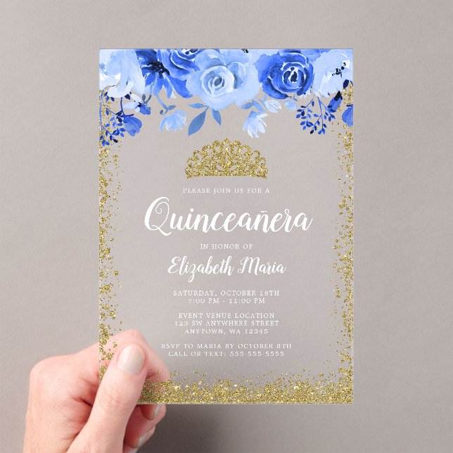 Blue Floral Imitate Gold Glitzer Tiara Quinceanera Acryleinladungen (Insitu (Handheld))