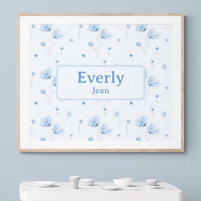 Blue Floral Individuelle Name Dekoration Baby Kind (Customize name! Shown with white mat and wood frame. (you will receive print only). Thank you!)