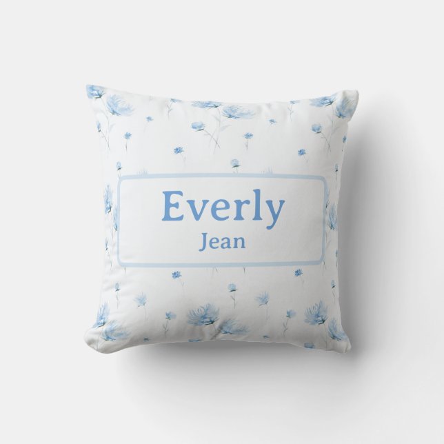 Blue Floral Individuelle Name Dekoration Baby Kind Kissen (Vorderseite)