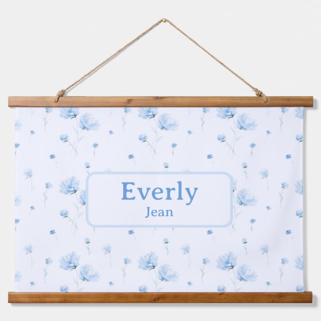 Blue Floral Individuelle Name Dekoration Baby Kind Wandteppich Mit Holzrahmen (Vorne)