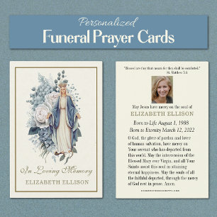 Blue Floral Jungfrau Mary Beerdigung Prayer Card