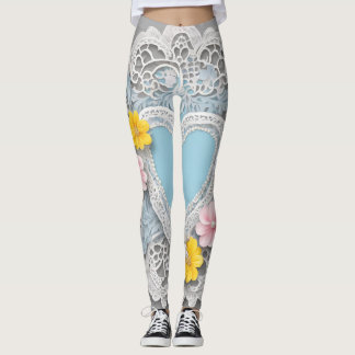 Blue floral lace heart bohemian AI art  Leggings
