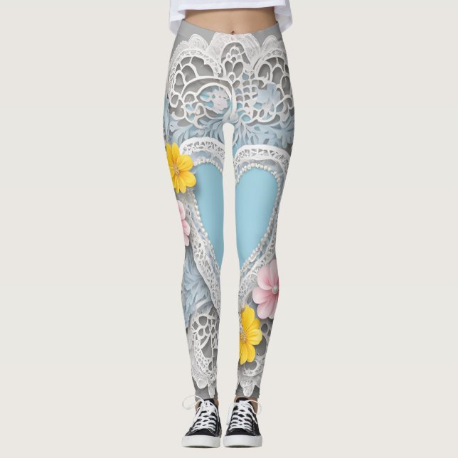 Blue floral lace heart bohemian AI art  Leggings (Vorderseite)