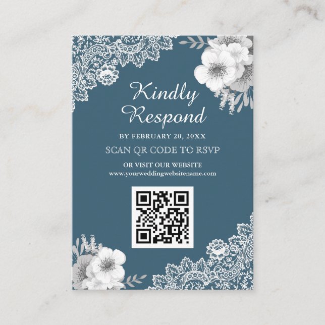 Blue Floral Lace QR Code UAWG Wedding Website Begleitkarte (Vorderseite)