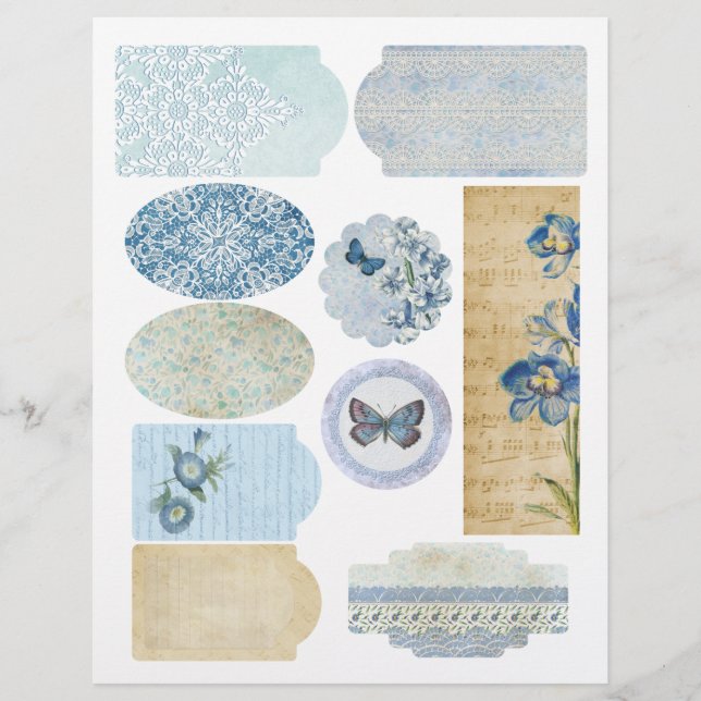 Blue Floral & Lace Scrapbook Verzierungsblatt (Vorderseite)
