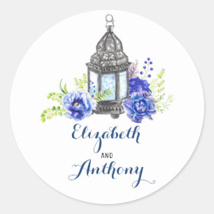 Blue Floral Lantern Wedding Runder Aufkleber