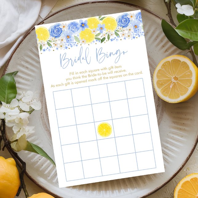 Blue Floral Lemon Brautparty Bingo Game (Von Creator hochgeladen)
