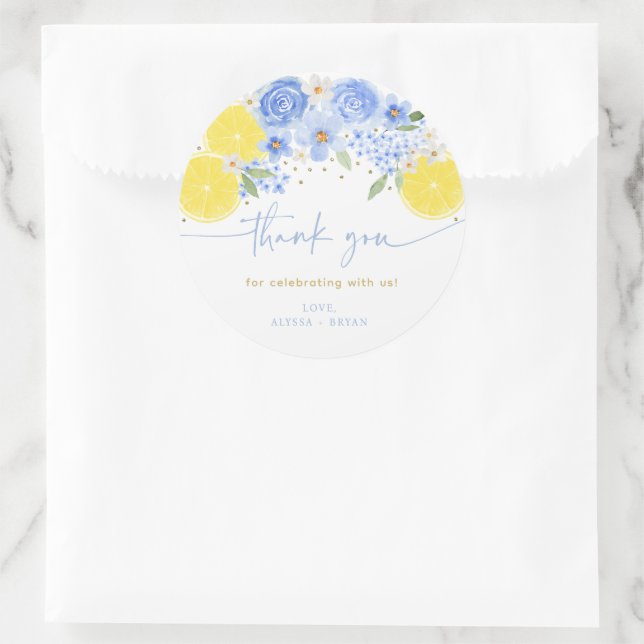 Blue Floral Lemon Main Squeeze Brautparty Runder Aufkleber (Tasche)