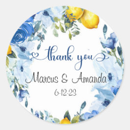 Blue Floral Lemon Round Aufkleber