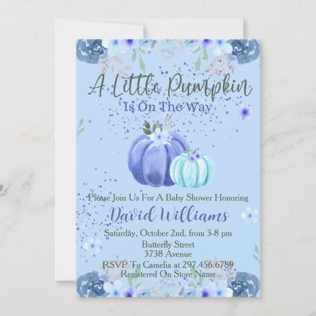 Blue Floral Little Pumpkin Baby Dusche Einladung (Vorderseite)
