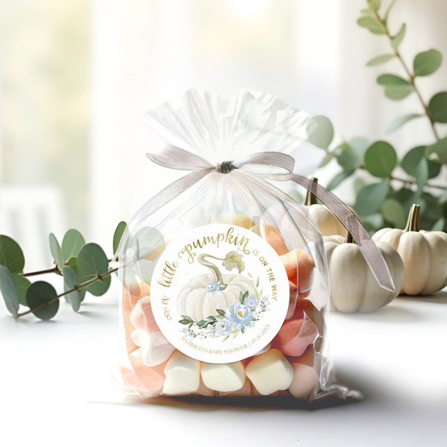 Blue Floral Little Pumpkin Fall Baby Dusche Runder Aufkleber (Von Creator hochgeladen)