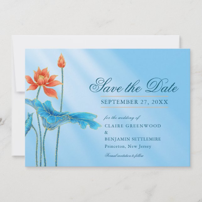 Blue Floral Lotus Wedding Save the Date Einladung (Vorderseite)