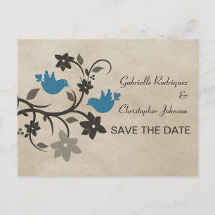 Blue Floral Lovebirds Save the Date Postkarte