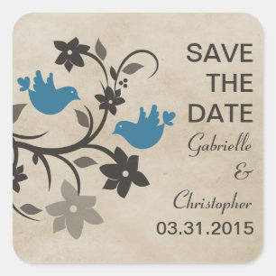 Blue Floral Lovebirds Save the Date Stickers