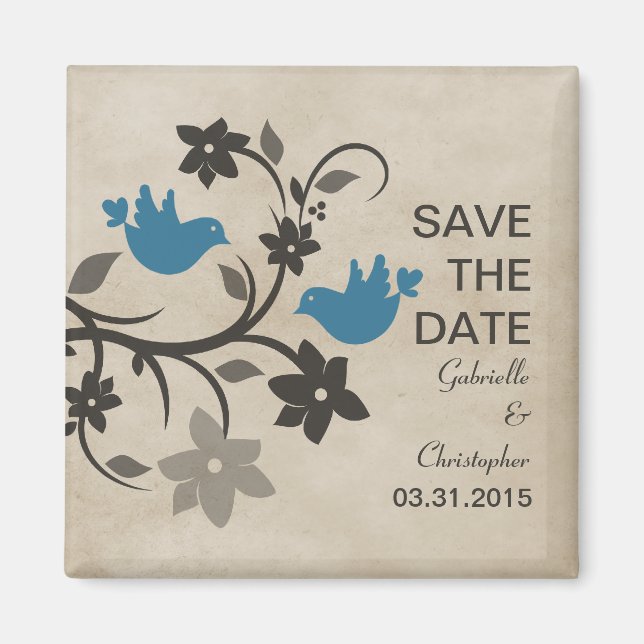 Blue Floral Lovebirds speichern das Date Magnet (Vorne)