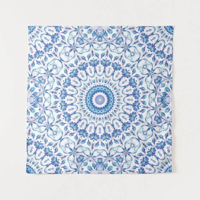 Blue Floral Mandala Wandteppich (Vorderseite)