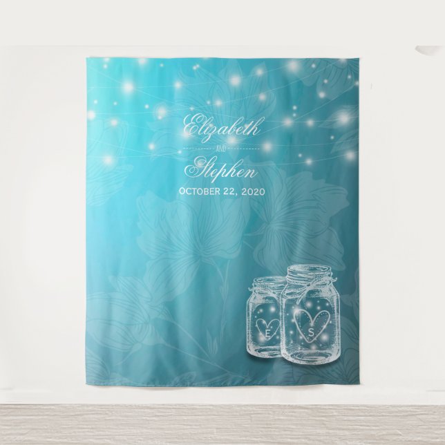 Blue Floral Mason Jar Wedding Foto Stand Hintergru Wandteppich (Vorderseite)