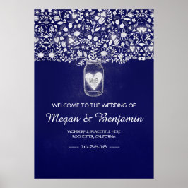 Blue Floral Mason Jar Wedding Willkommenszeichen Poster