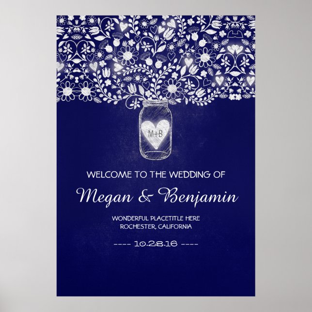 Blue Floral Mason Jar Wedding Willkommenszeichen Poster (Vorne)