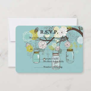 Blue Floral Mason Jars Wedding RSVP Karte