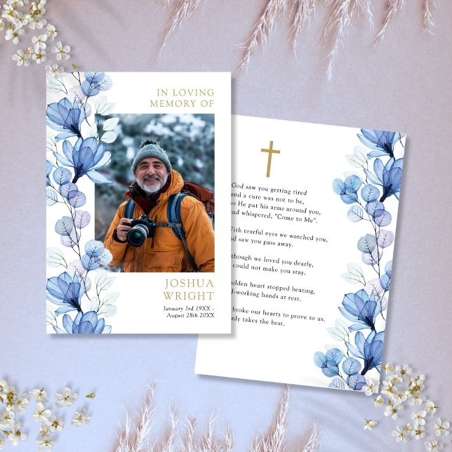 Blue Floral Memorial Beerdigung Gebet Foto-Karte (Blue Floral Memorial Funeral Prayer Photo Card)