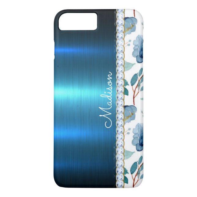 Blue Floral Metallic Glitzer Klassisches Hübsches  Case-Mate iPhone Hülle (Rückseite)
