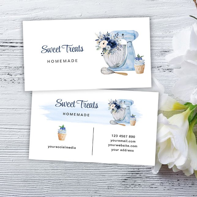 Blue Floral Mixer Business Card Visitenkarte (Von Creator hochgeladen)