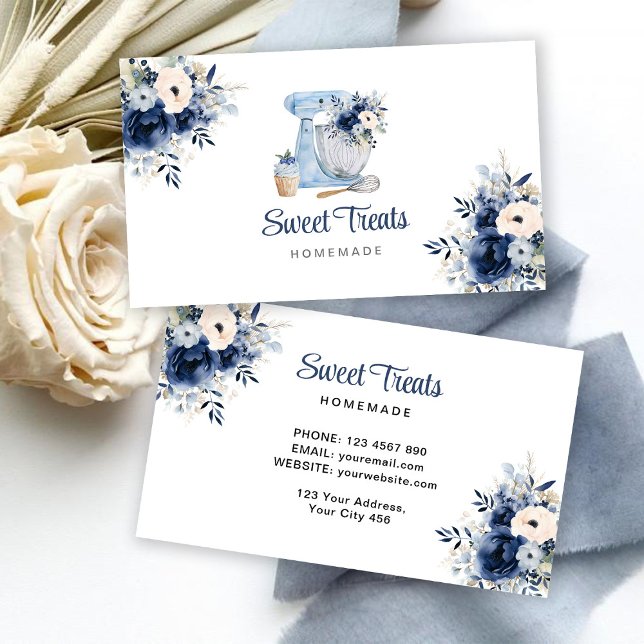 Blue Floral Mixer Business Card Visitenkarte (Von Creator hochgeladen)