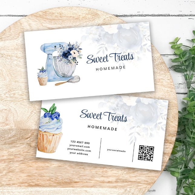Blue Floral Mixer QR-Code Business Card Visitenkarte (Von Creator hochgeladen)