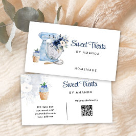 Blue Floral Mixer QR-Code Business Card Visitenkarte