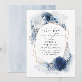 Blue Floral Modern Birthday Party Einladung