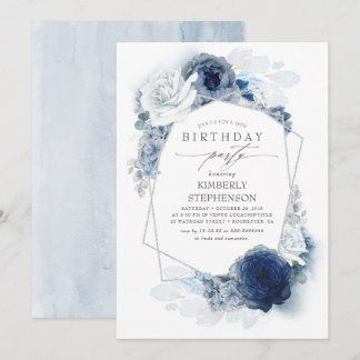 Blue Floral Modern Birthday Party Einladung