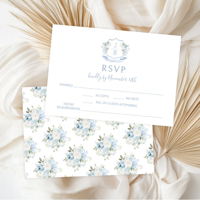 Blue Floral Modern Monogram Wedding RSVP Cards (Von Creator hochgeladen)