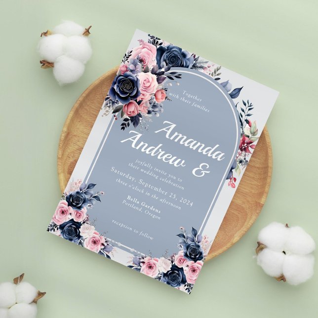 Blue Floral Modern Wedding Einladung (Von Creator hochgeladen)