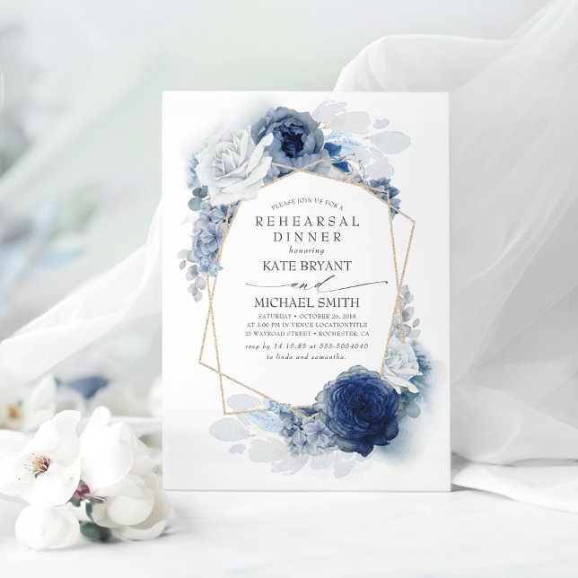 Blue Floral Modernes Probe Dinner Einladung (Dusty Blue Floral Rehearsal Dinner Invitations)